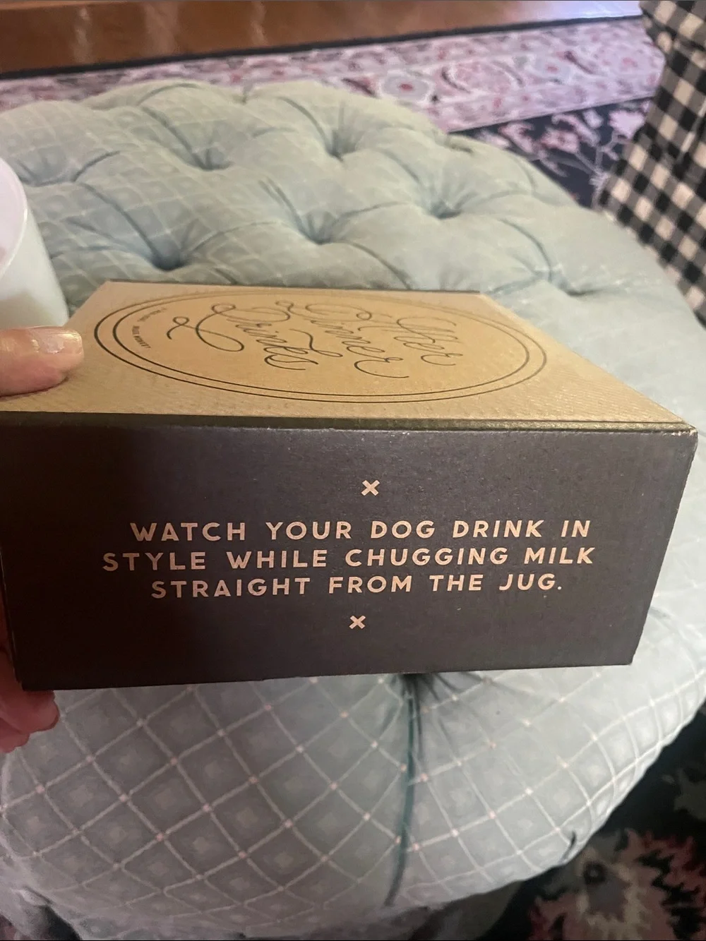 After Dinner Drinks White Ceramic Dog  Bowl with Gold Script